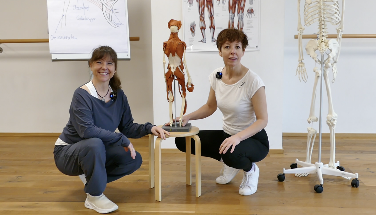 Kerstin Bredehorn und Jenni Bergunde knien neben einem Hocker auf dem ein kleines Skelett mit gekneteten Muskeln steht.