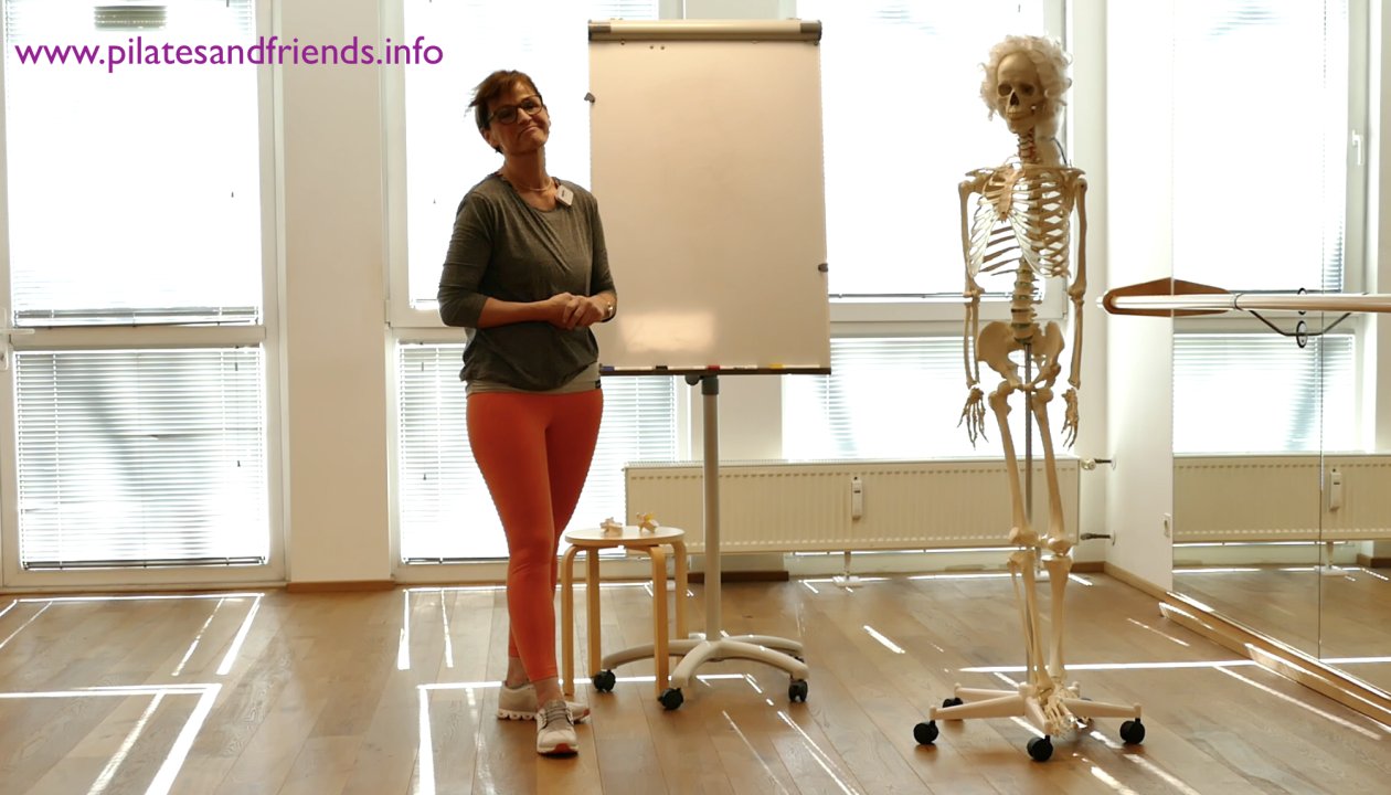 Martina Heuel steht neben einer Flipchart und einem Skelett mit Perücke